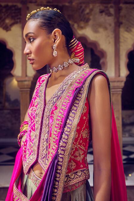 Buy_Punit Balana_Purple Velvet, Tissue, Silk Organza Cut Work, Sequins, Johri Koti Skirt Set _Online_at_Aza_Fashions