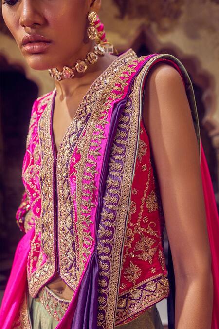 Shop_Punit Balana_Purple Velvet, Tissue, Silk Organza Cut Work, Sequins, Johri Koti Skirt Set _Online_at_Aza_Fashions