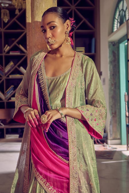 Shop_Punit Balana_Green Chanderi, Organza, Tissue Embroidery Rani Sa Anarkali Set With Jacket _at_Aza_Fashions