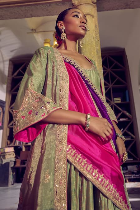 Punit Balana_Green Chanderi, Organza, Tissue Embroidery Rani Sa Anarkali Set With Jacket _Online_at_Aza_Fashions