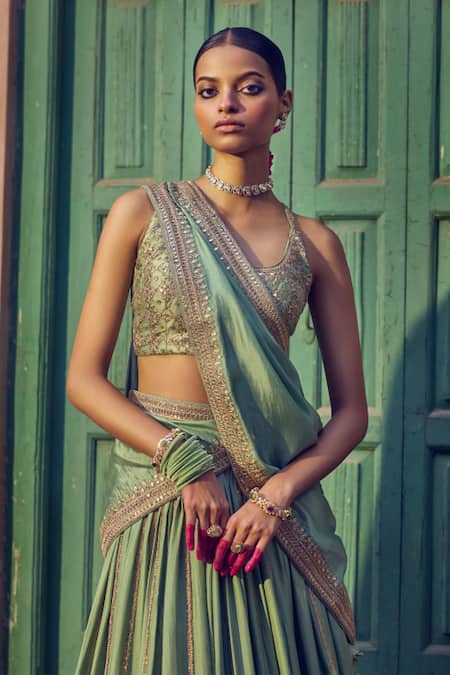 Punit Balana_Green Silk, Organza Gota Patti, Embroidery Jharokha Embellished Lehenga Set _Online_at_Aza_Fashions