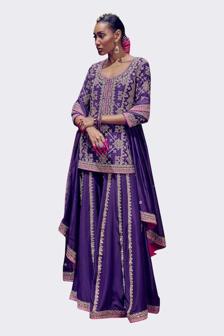 Shop Punit Balana Purple Silk, Organza Embroidery, Gota Patti Jodha Marodi Kurta Sharara Set at Aza Fashions Shop_Punit Balana_Purple Silk, Organza Embroidery, Gota Patti Jodha Marodi Kurta Sharara Set _at_Aza_Fashions