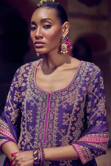 Punit Balana Purple Silk, Organza Embroidery, Gota Patti Jodha Marodi Kurta Sharara Set Online at Aza Fashions Punit Balana_Purple Silk, Organza Embroidery, Gota Patti Jodha Marodi Kurta Sharara Set _Online_at_Aza_Fashions