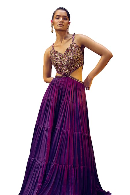 Punit Balana_Purple Satin, Silk Embroidery Asymmetric Resham Bodice Gown _Online_at_Aza_Fashions