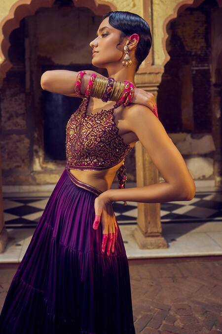 Shop_Punit Balana_Purple Satin, Silk Embroidery Asymmetric Resham Bodice Gown _Online_at_Aza_Fashions