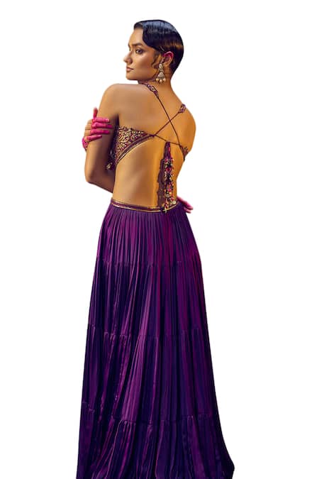 Punit Balana_Purple Satin, Silk Embroidery Asymmetric Resham Bodice Gown _at_Aza_Fashions