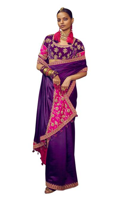 Punit Balana_Purple Organza, Silk, Velvet Tassels, Embroidery Round Border Saree With Blouse _Online_at_Aza_Fashions