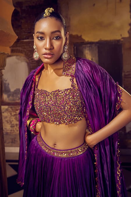 Punit Balana_Purple Satin, Silk Embroidery Ghagri Cape Skirt Set _Online_at_Aza_Fashions