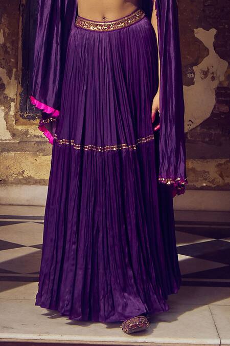 Buy_Punit Balana_Purple Satin, Silk Embroidery Ghagri Cape Skirt Set _Online_at_Aza_Fashions