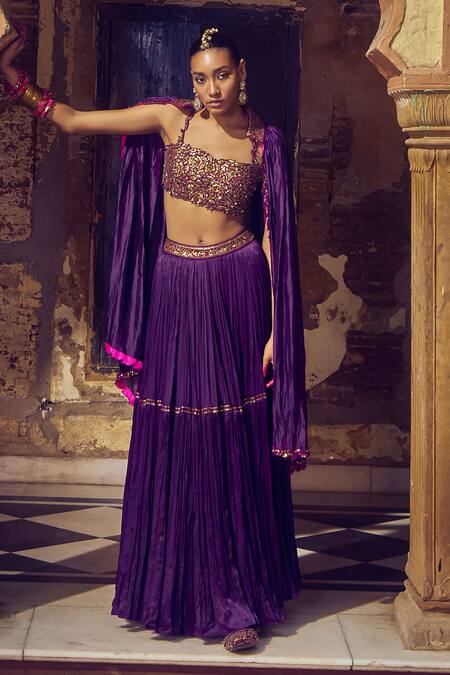 Shop_Punit Balana_Purple Satin, Silk Embroidery Ghagri Cape Skirt Set _Online_at_Aza_Fashions