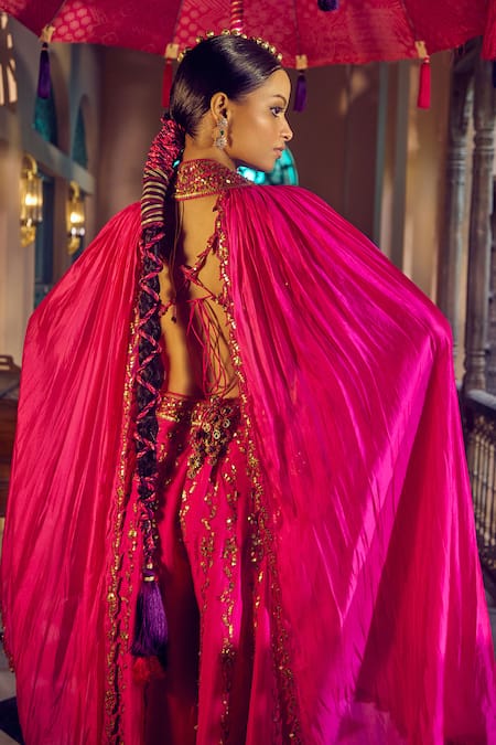 Shop_Punit Balana_Pink Silk Embroidery, Sequins Rani Sa Cape Sharara Set _at_Aza_Fashions