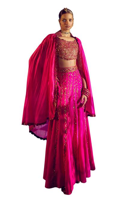 Buy_Punit Balana_Pink Silk Embroidery, Sequins Rani Sa Cape Sharara Set _Online_at_Aza_Fashions