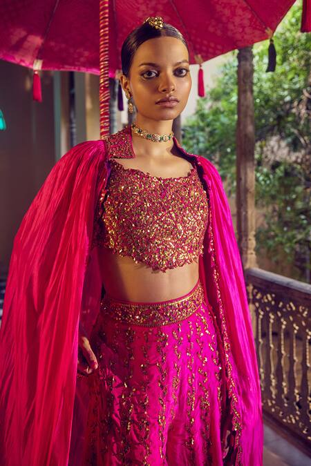 Shop_Punit Balana_Pink Silk Embroidery, Sequins Rani Sa Cape Sharara Set _Online_at_Aza_Fashions
