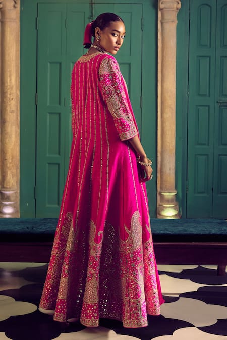 Shop Punit Balana Pink Satin, Silk Sequins, Embroidery, Marodi Neckline Anarkali With Jacket at Aza Fashions Shop_Punit Balana_Pink Satin, Silk Sequins, Embroidery, Marodi Neckline Anarkali With Jacket _at_Aza_Fashions