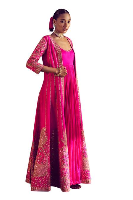 Punit Balana Pink Satin, Silk Sequins, Embroidery, Marodi Neckline Anarkali With Jacket Online at Aza Fashions Punit Balana_Pink Satin, Silk Sequins, Embroidery, Marodi Neckline Anarkali With Jacket _Online_at_Aza_Fashions