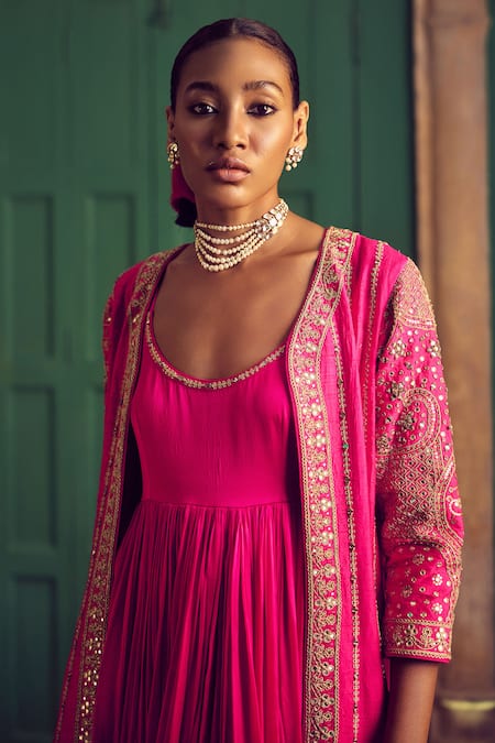 Buy Punit Balana Pink Satin, Silk Sequins, Embroidery, Marodi Neckline Anarkali With Jacket Online at Aza Fashions Buy_Punit Balana_Pink Satin, Silk Sequins, Embroidery, Marodi Neckline Anarkali With Jacket _Online_at_Aza_Fashions