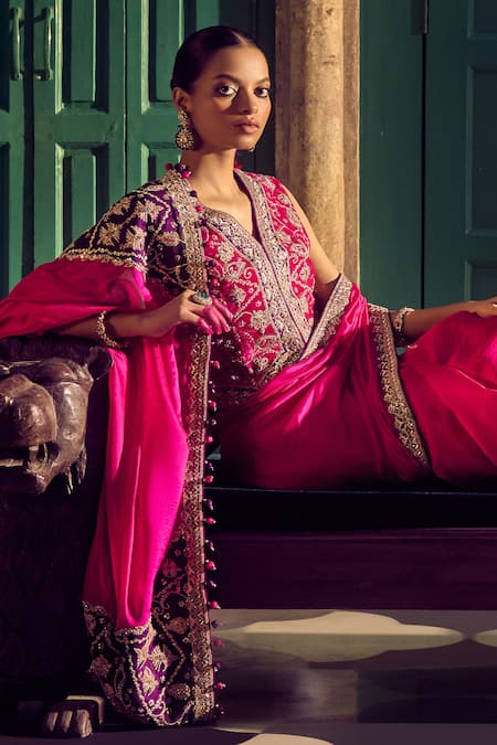 Punit Balana Johari Patchwork Border Embroidered Saree With Waistcoat 