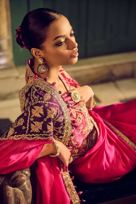 Punit Balana_Pink Silk, Organza Embroidery Johari Patchwork Border Saree With Waistcoat _Online_at_Aza_Fashions