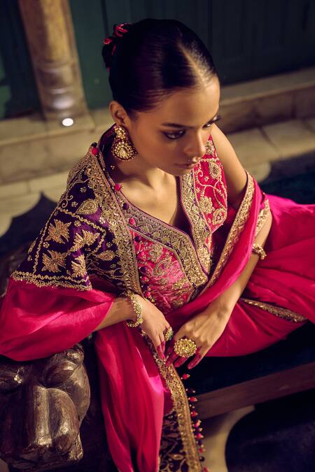 Buy_Punit Balana_Pink Silk, Organza Embroidery Johari Patchwork Border Saree With Waistcoat _Online_at_Aza_Fashions
