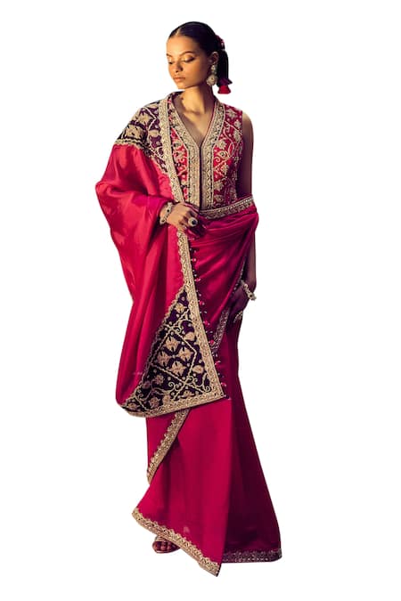 Shop_Punit Balana_Pink Silk, Organza Embroidery Johari Patchwork Border Saree With Waistcoat _Online_at_Aza_Fashions