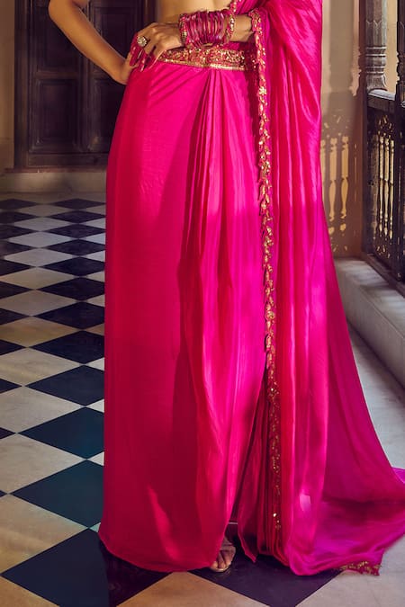 Punit Balana_Pink Silk Embroidery Asymmetric Choli Ke Peeche Pre-draped Saree With Bustier _Online_at_Aza_Fashions