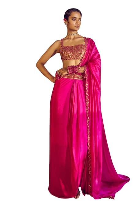 Buy_Punit Balana_Pink Silk Embroidery Asymmetric Choli Ke Peeche Pre-draped Saree With Bustier _Online_at_Aza_Fashions