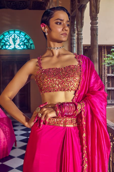 Shop_Punit Balana_Pink Silk Embroidery Asymmetric Choli Ke Peeche Pre-draped Saree With Bustier _Online_at_Aza_Fashions