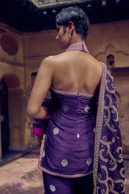 Shop Punit Balana Purple Silk, Organza Gota Patti, Embroidery Halter Neck Mughal Marodi Kurta Set at Aza Fashions Shop_Punit Balana_Purple Silk, Organza Gota Patti, Embroidery Halter Neck Mughal Marodi Kurta Set _at_Aza_Fashions