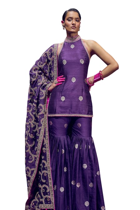 Buy Punit Balana Purple Silk, Organza Gota Patti, Embroidery Halter Neck Mughal Marodi Kurta Set Online at Aza Fashions Buy_Punit Balana_Purple Silk, Organza Gota Patti, Embroidery Halter Neck Mughal Marodi Kurta Set _Online_at_Aza_Fashions