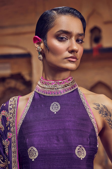 Shop Punit Balana Purple Silk, Organza Gota Patti, Embroidery Halter Neck Mughal Marodi Kurta Set Online at Aza Fashions Shop_Punit Balana_Purple Silk, Organza Gota Patti, Embroidery Halter Neck Mughal Marodi Kurta Set _Online_at_Aza_Fashions