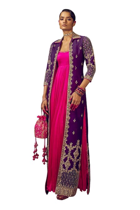 Punit Balana Pink Satin, Silk Embroidery, Mirrors Rani Sa Neckline Anarkali With Jacket Online at Aza Fashions Punit Balana_Pink Satin, Silk Embroidery, Mirrors Rani Sa Neckline Anarkali With Jacket _Online_at_Aza_Fashions