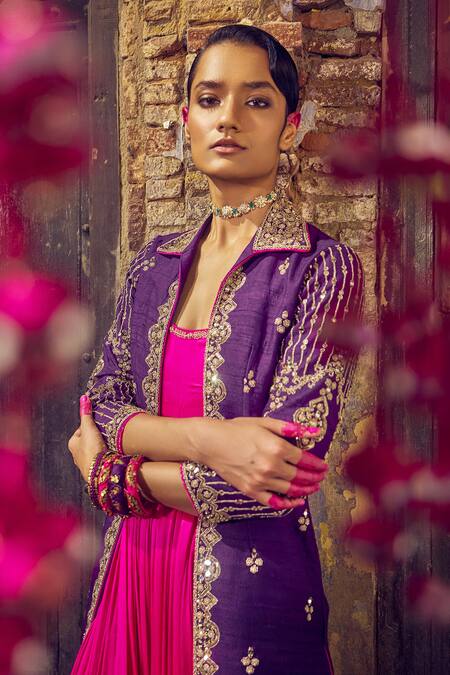 Buy Punit Balana Pink Satin, Silk Embroidery, Mirrors Rani Sa Neckline Anarkali With Jacket Online at Aza Fashions Buy_Punit Balana_Pink Satin, Silk Embroidery, Mirrors Rani Sa Neckline Anarkali With Jacket _Online_at_Aza_Fashions