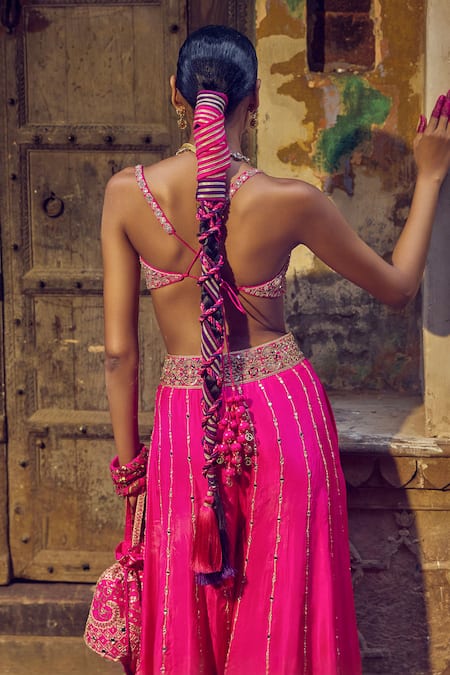 Shop_Punit Balana_Pink Silk, Organza Gota Patti, Mirrors, Diamonds, Kumari Bustier Sharara Set _at_Aza_Fashions