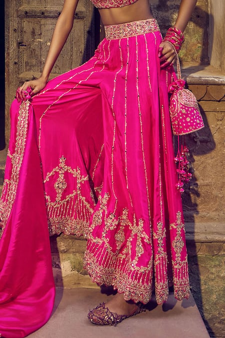 Punit Balana_Pink Silk, Organza Gota Patti, Mirrors, Diamonds, Kumari Bustier Sharara Set _Online_at_Aza_Fashions