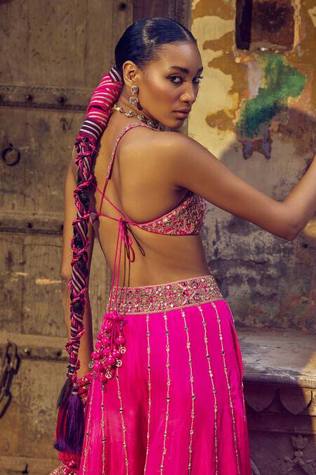 Buy_Punit Balana_Pink Silk, Organza Gota Patti, Mirrors, Diamonds, Kumari Bustier Sharara Set _Online_at_Aza_Fashions
