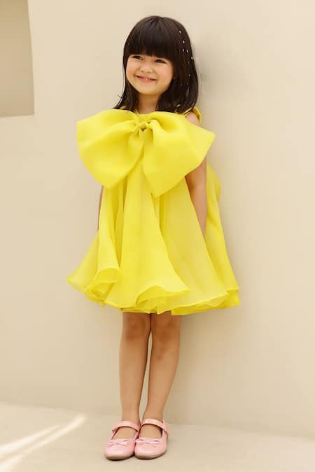 JANYAS CLOSET Yellow Organza Plain Dance Like Lilibet Flowy Dress 