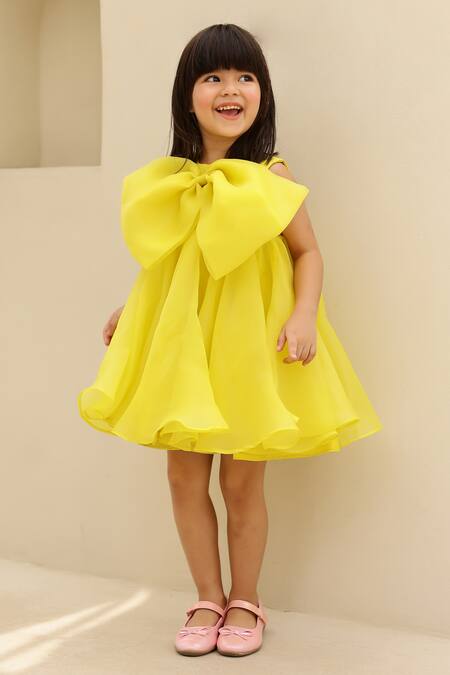 Janyas Closet_Yellow Silk, Organza Bows Dance Like Lilibet Flowy Dress _Online_at_Aza_Fashions