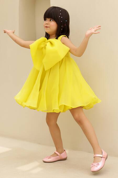 Shop_Janyas Closet_Yellow Silk, Organza Bows Dance Like Lilibet Flowy Dress _Online_at_Aza_Fashions