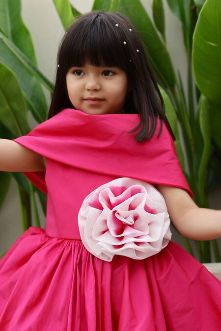 Janyas Closet_Pink Taffeta, Silk Fabric Flowers Princess Structured Dress_Online_at_Aza_Fashions