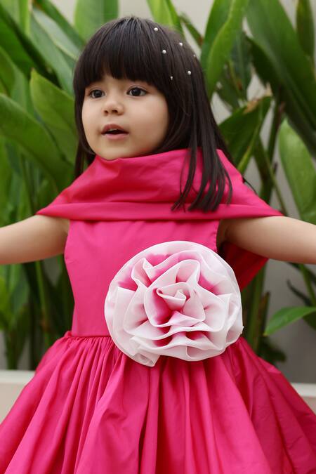 Shop_Janyas Closet_Pink Taffeta, Silk Fabric Flowers Princess Structured Dress_Online_at_Aza_Fashions