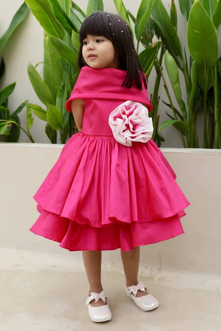 Janyas Closet_Pink Taffeta, Silk Fabric Flowers Princess Structured Dress_at_Aza_Fashions