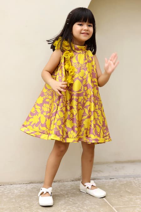 Janyas Closet_Yellow Satin Sunni Floral Print Dress_Online_at_Aza_Fashions