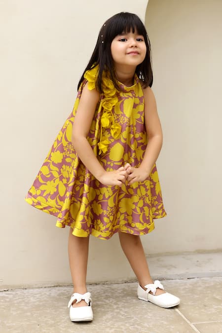 Buy_Janyas Closet_Yellow Satin Sunni Floral Print Dress_Online_at_Aza_Fashions