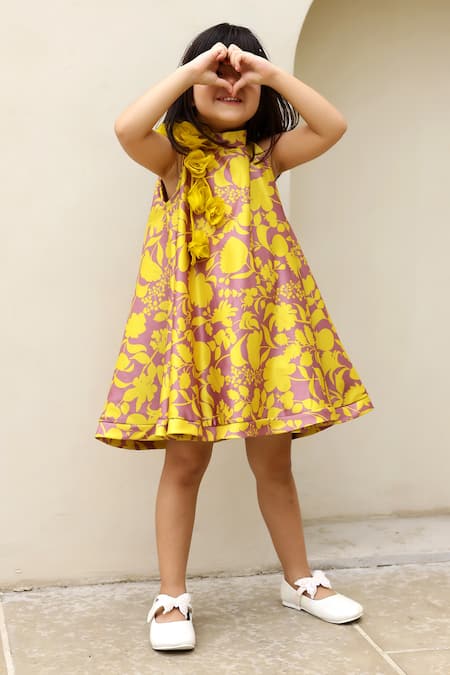 Shop_Janyas Closet_Yellow Satin Sunni Floral Print Dress_Online_at_Aza_Fashions