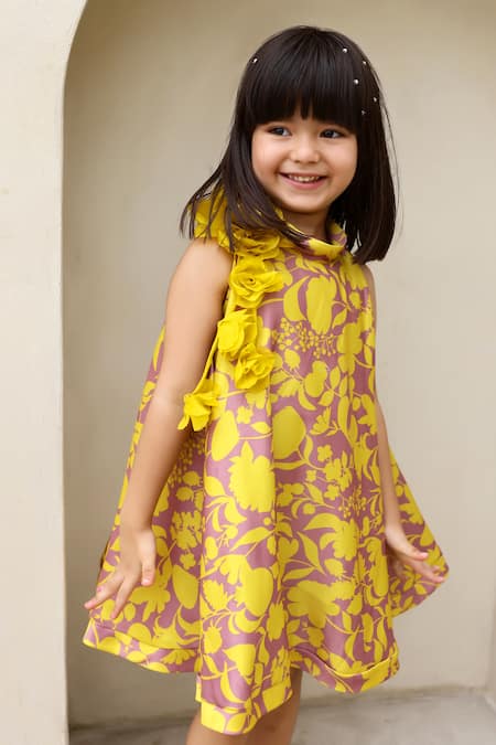 Janyas Closet_Yellow Satin Sunni Floral Print Dress_at_Aza_Fashions