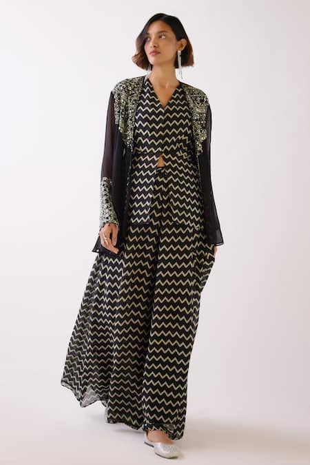 Basanti - Kapde Aur Koffee_Black Chiffon Tassels, Mirrors, Embroidery Open Neck Jacket And Sharara Set _Online_at_Aza_Fashions