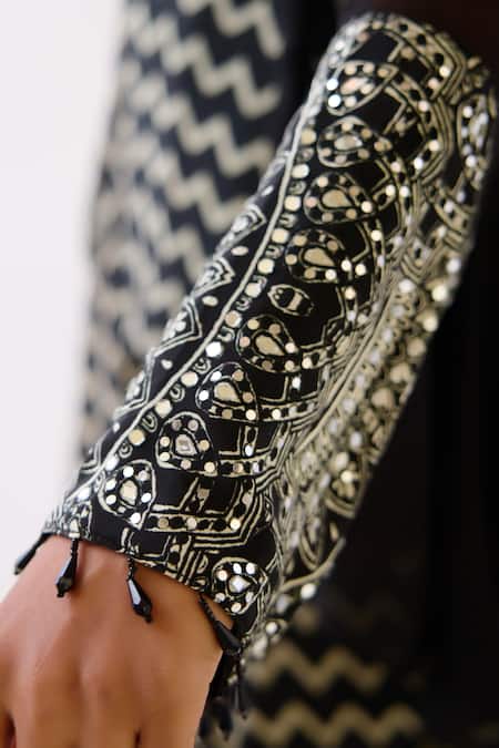 Buy_Basanti - Kapde Aur Koffee_Black Chiffon Tassels, Mirrors, Embroidery Open Neck Jacket And Sharara Set _Online_at_Aza_Fashions