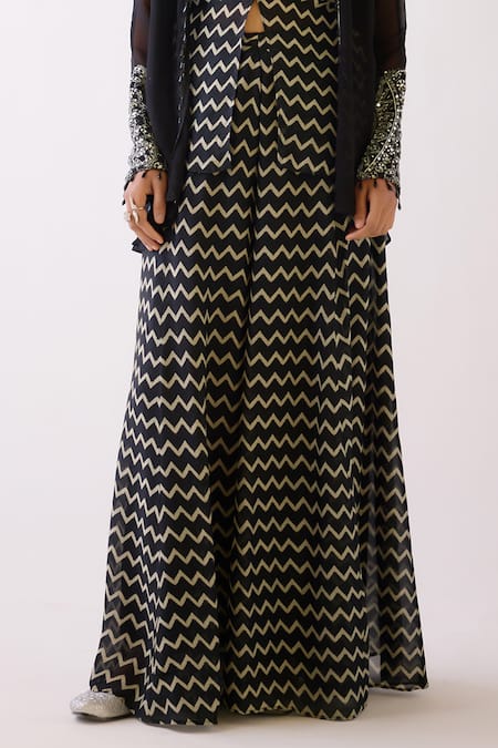 Shop_Basanti - Kapde Aur Koffee_Black Chiffon Tassels, Mirrors, Embroidery Open Neck Jacket And Sharara Set _Online_at_Aza_Fashions