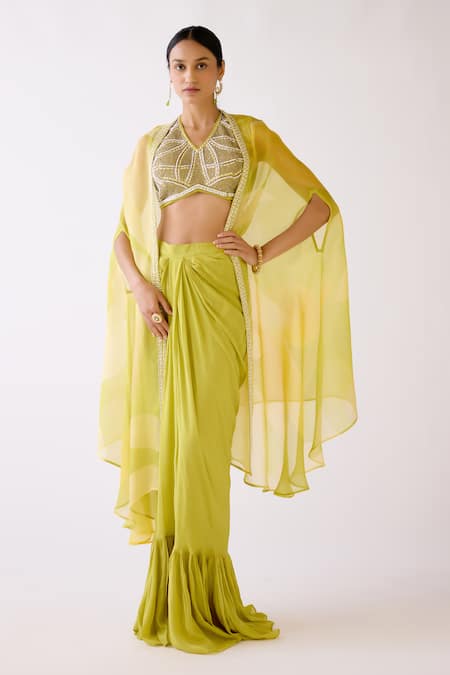 Basanti - Kapde Aur Koffee Yellow Organza Embroidery Beads Front Open Border Cape And Draped Skirt Set 