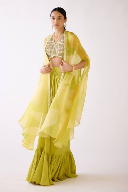 Basanti - Kapde Aur Koffee_Yellow Organza Beads, Cut Work, Embroidered Border Cape And Draped Skirt Set_Online_at_Aza_Fashions